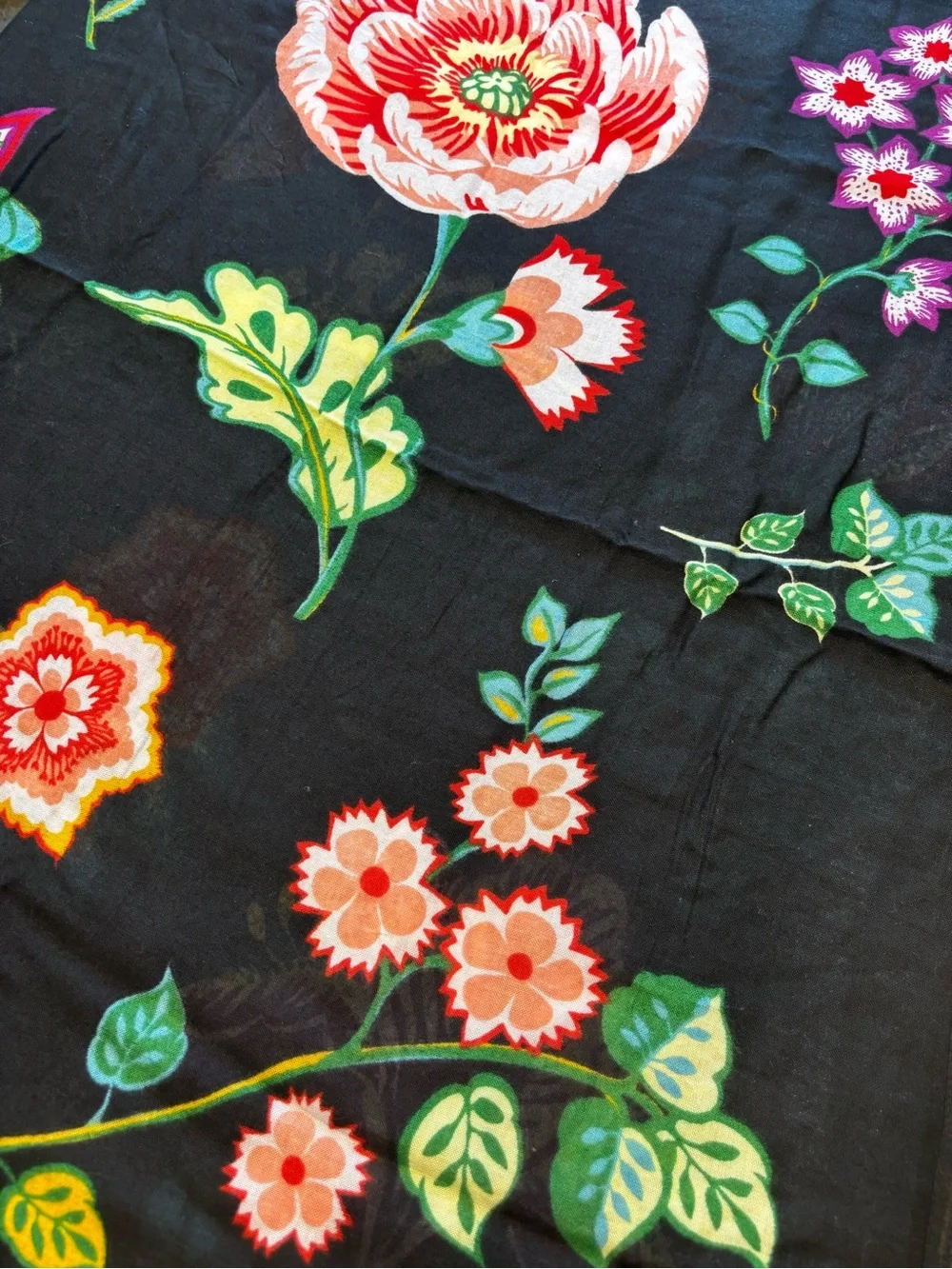 Vera Bradley Black Scarf Wrap with Red, Orange & Green Floral Print Sift Fringe